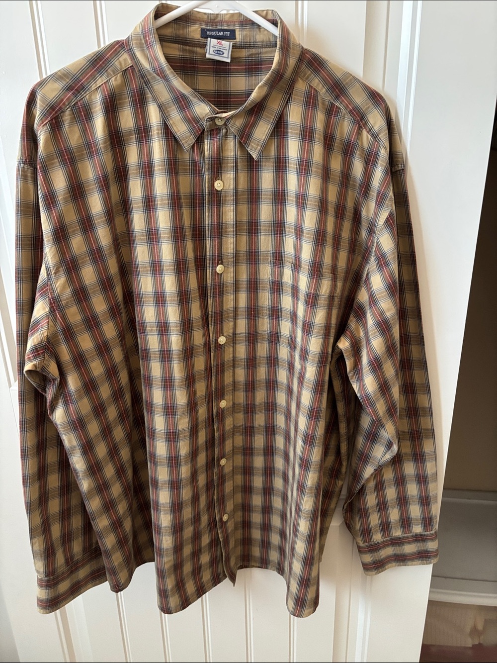 Old Navy Men's Plaid Button-Down Shirt - Brown, Beige & Red Trim